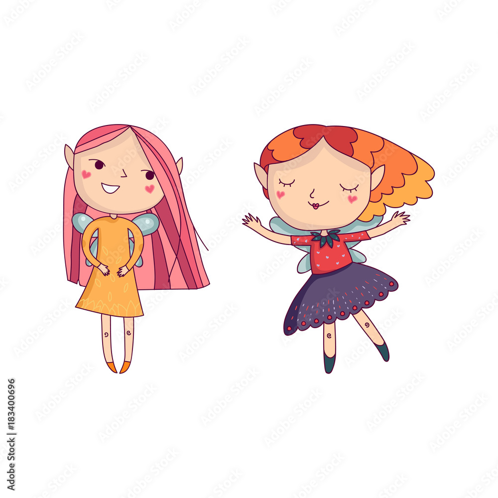 Fototapeta premium Two fairy girls with little wings. Cartoon fantasy characters with colorful hair and bright clothes. Hand drawn vector design for children s book, postcard or print