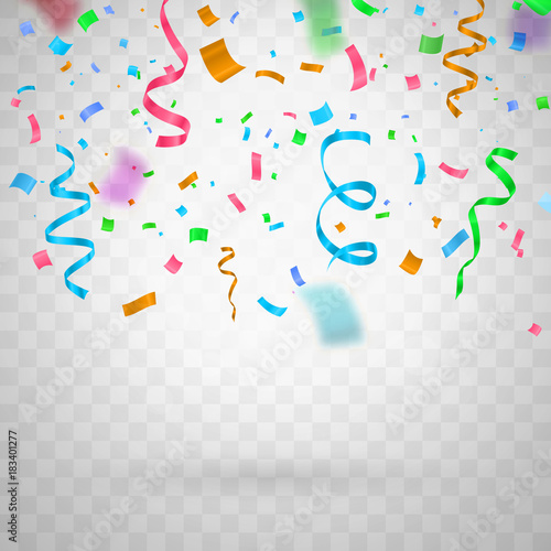 Colorful funny flying confetti on transparent background . Template for celebration vector illustration