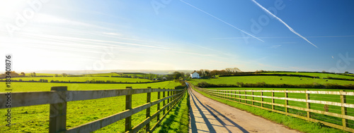 Fence casting shadows on a road leading to small house between scenic Cornish fields under blue sky, Cornwall, England photo