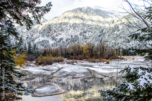 Frozen Lake and Snowy Mountains in Oregon