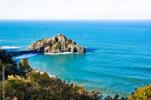 San Juan de Gaztelugatxe Basque country Spain.Church in an island joined by a stone bridge. View from top