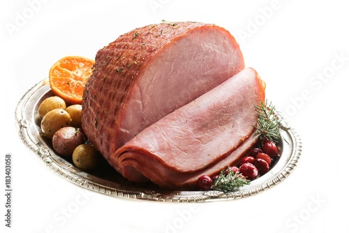 Holiday Ham isolated on white, selective focus
