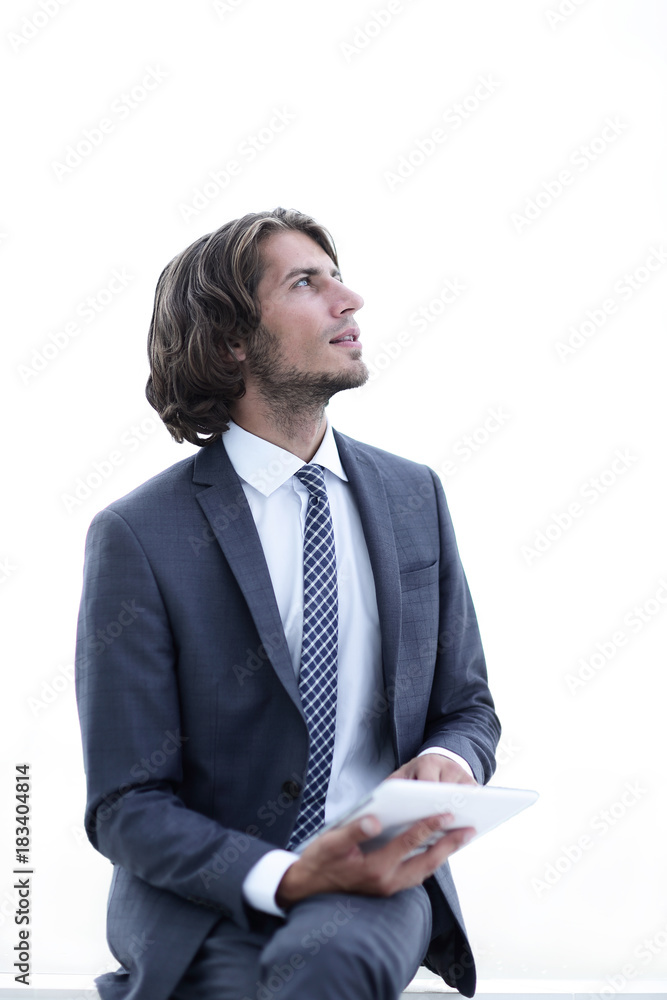 closeup .businessman with digital tablet looking at copy space closeup .businessman with digital tablet looking at copy space