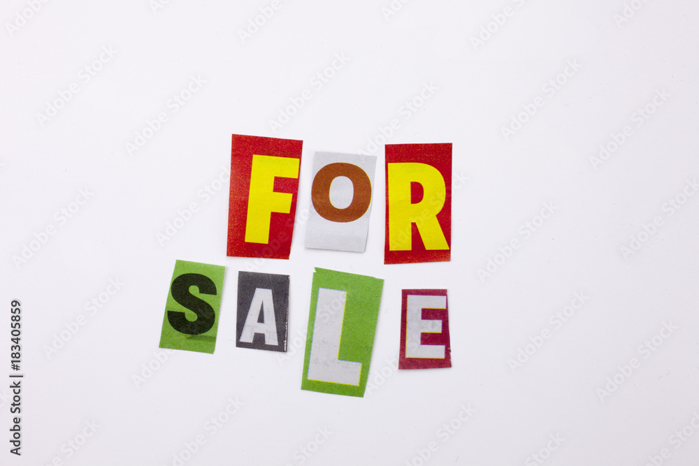 A word writing text showing concept of for sale made of different magazine newspaper letter for Business case on the white background with copy space A word writing text showing concept of for sale made of different magazine newspaper letter for Business case on the white background with copy space