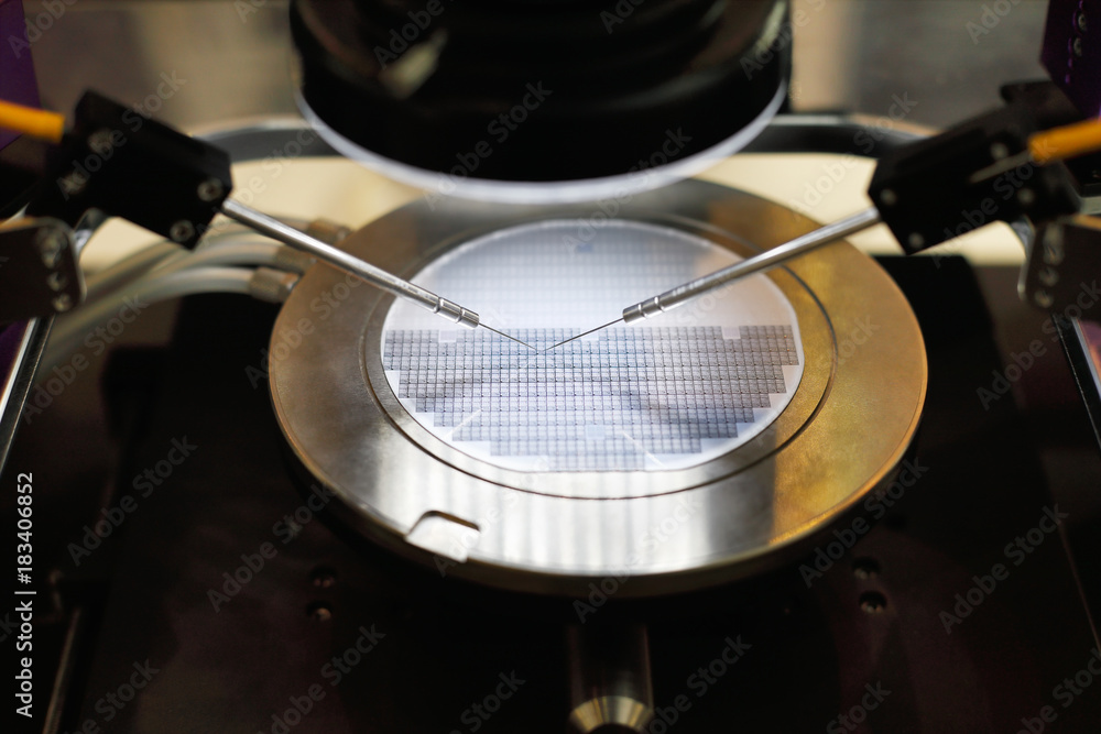 semiconductor silicon wafer undergoing probe testing - obrazy, fototapety, plakaty 