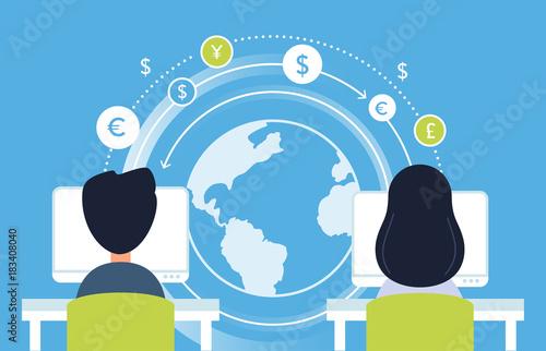 Internet Payment, Working Online and Currency Flow Analytics Concept Illustration. Vector Design