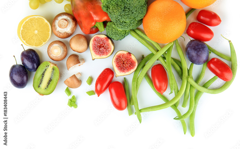 Composition of different fruits and vegetables on white background Composition of different fruits and vegetables on white background