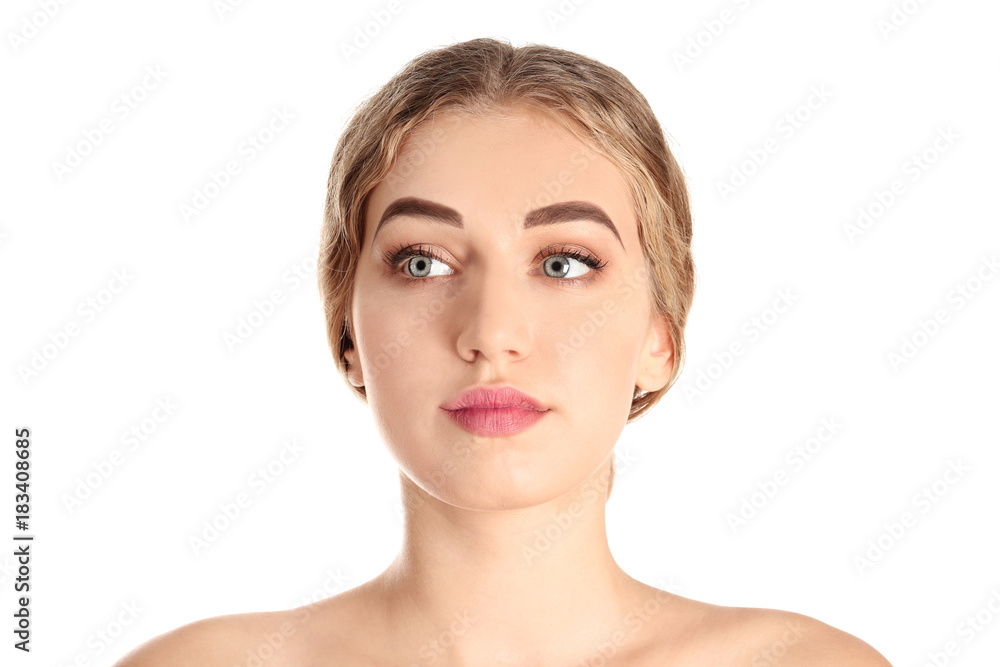 Young woman with beautiful eyebrows on white background Young woman with beautiful eyebrows on white background