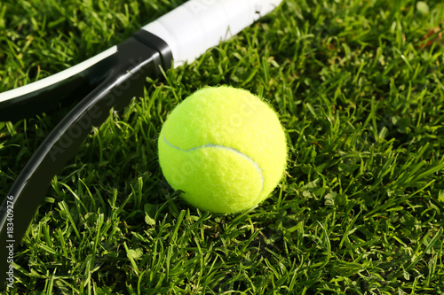 Tennis racket and ball on green grass