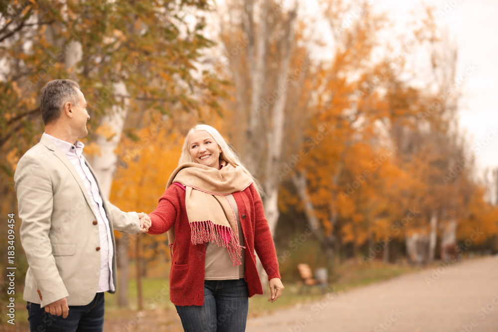 Mature couple walking in park on autumn day