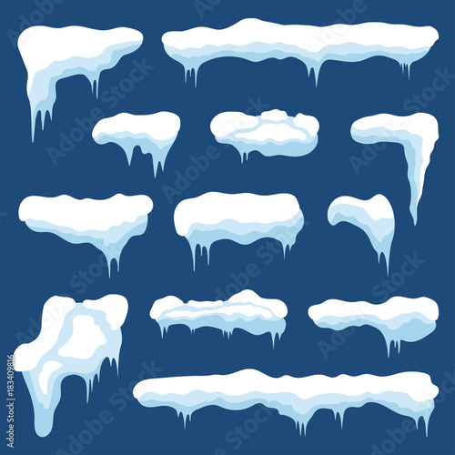 Snow with icicles and snow drifts. Winter snow caps with ice. Set of different frozen, snowy frames for decoration