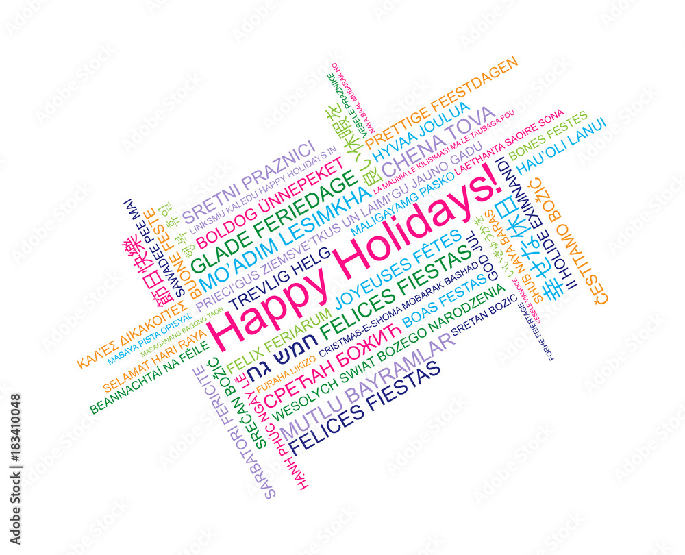 Happy Holidays in different languages, celebration word tag cloud