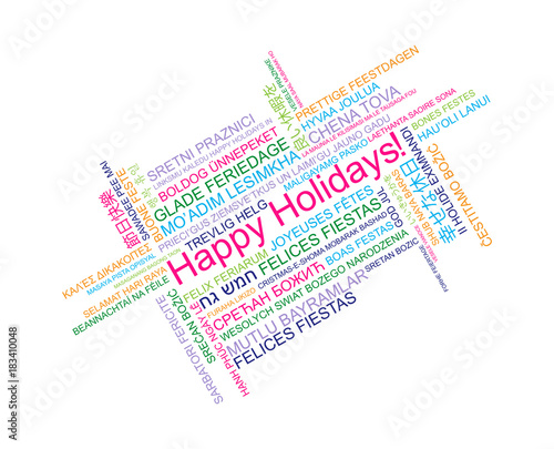 Happy Holidays in different languages, celebration word tag cloud greeting card, vector art