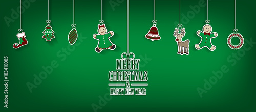 Marry Christmas and Happy New Year greeting card with hanging Christmas elements Vector background