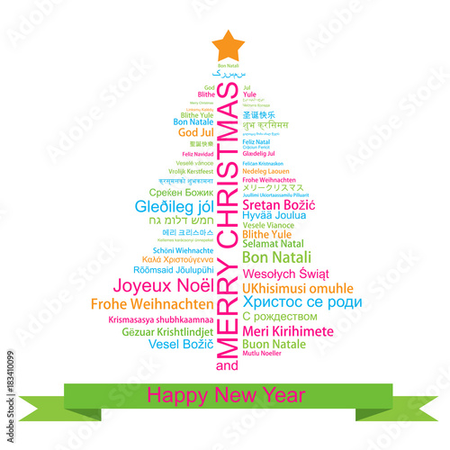 Merry Christmas and Happy New Year in different languages in the shape of Christmas three, celebration word tag cloud greeting card, vector art