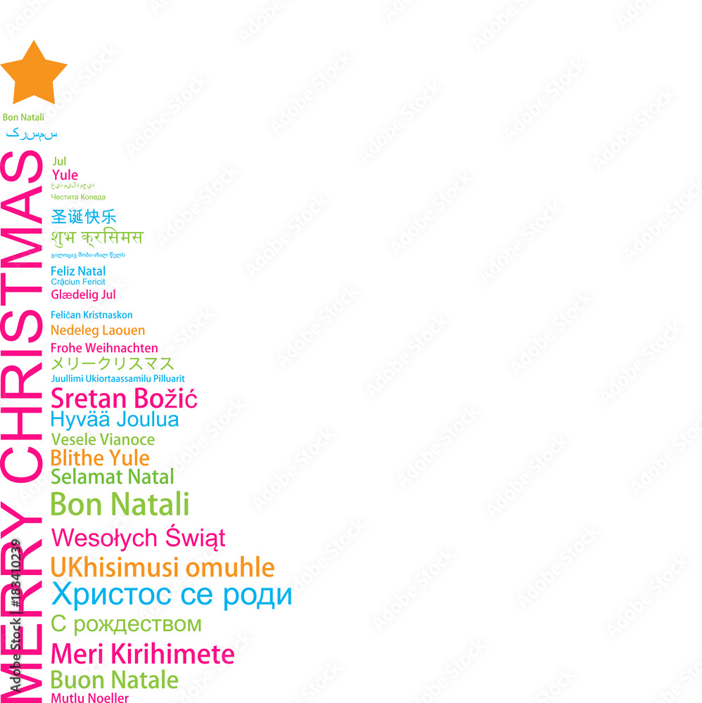 Fototapeta premium Merry Christmas in different languages in the shape of Christmas three, celebration word tag cloud greeting card