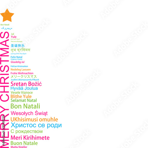 Merry Christmas in different languages in the shape of Christmas three, celebration word tag cloud greeting card