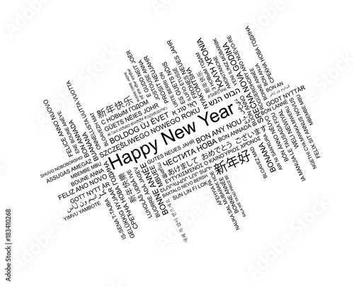 Happy New Year in different languages, celebration word tag cloud greeting card, vector art