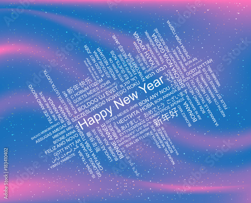 Happy New Year in different languages, celebration word tag cloud greeting card, vector art