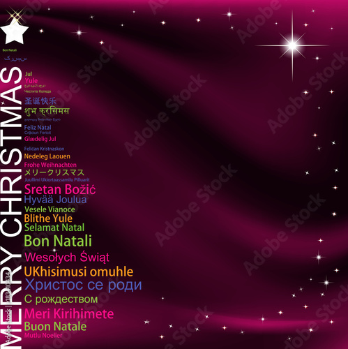 Merry Christmas in different languages in the shape of Christmas three, celebration word tag cloud greeting card