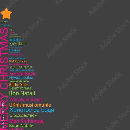Merry Christmas in different languages in the shape of Christmas three, celebration word tag cloud greeting card