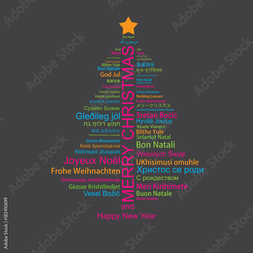 Merry Christmas and Happy New Year in different languages in the shape of Christmas three, celebration word tag cloud greeting card, vector art