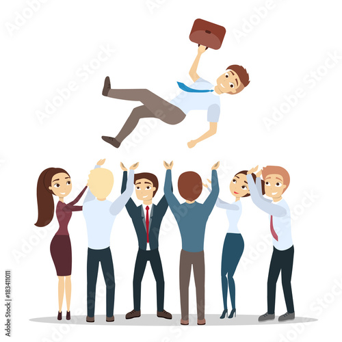 Team throwing businessman.