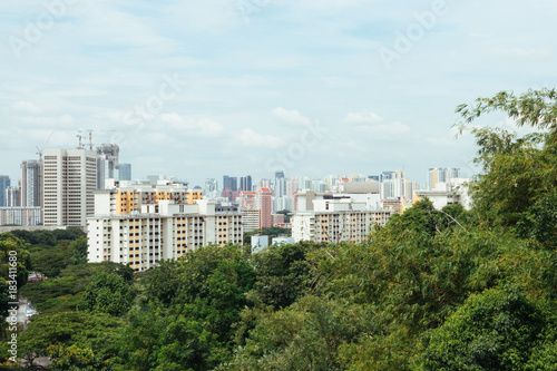 Modern city and green forest in spring day