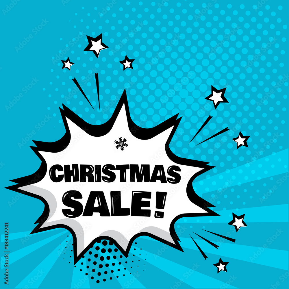 White comic bubble with CHRISTMAS SALE word on blue background. Comic sound effects in pop art style. Vector illustration.