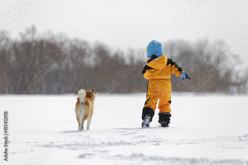 雪野原で柴犬と遊ぶ男の子