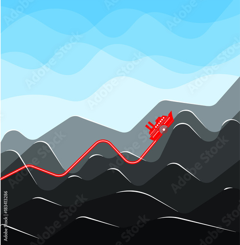 Infographics with growing indicators in the form of a ship on waves. Graph of growth or increase in value