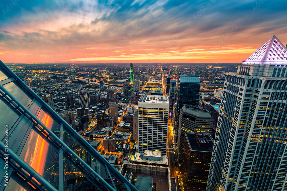 Philadelphia aerial perspective at sunset. Philadelphia aerial perspective at sunset.