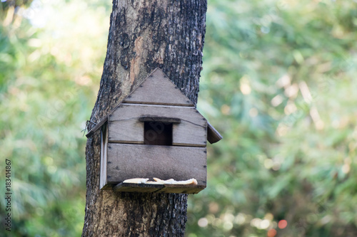 Brown wood bird house with green tree background