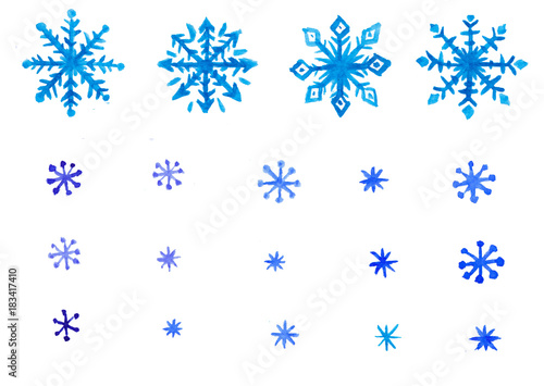Set of blue snowflakes watercolor 