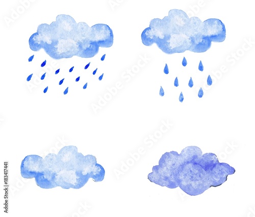Set of blue watercolor clouds with precipitation