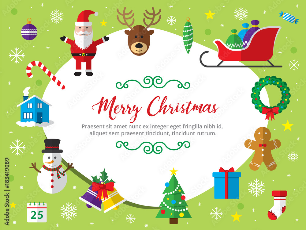 Naklejka premium Merry Christmas background. Set of Christmas icons flat in vector illustration. Icon of bell, stocking, christmas tree, reindeer, present, Santa Claus, snowman. Template for internet and business.
