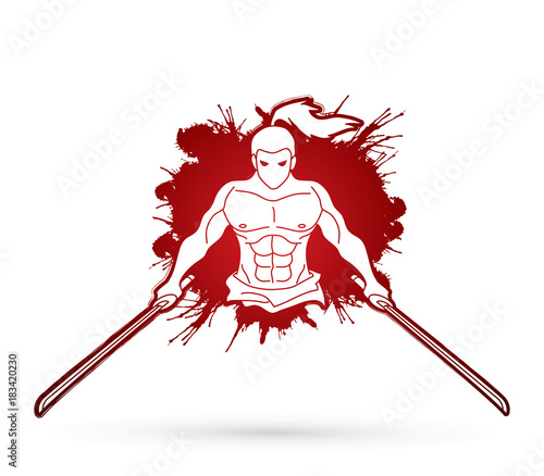Angry Samurai standing with swords front view designed on splatter blood background graphic vector.