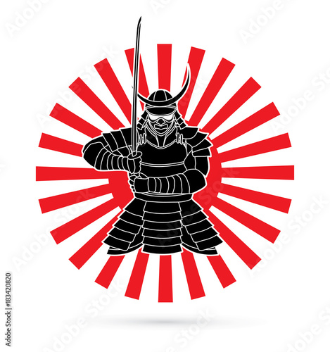 Samurai standing front view ready to fight designed on sunshine background graphic vector.