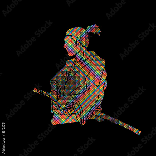 Samurai ready to fight action designed using colorful pixels graphic vector