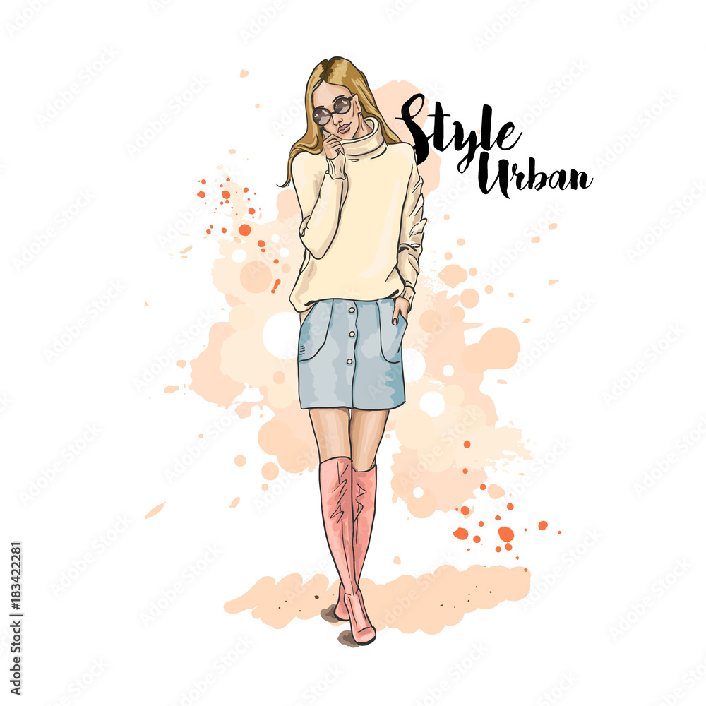Urban style. Casual image. Hand drawn sketch. Young stylish woman in a skirt with decorative buttons and sweater oversize. Vector illustration. Urban style. Casual image. Hand drawn sketch. Young stylish woman in a skirt with decorative buttons and sweater oversize. Vector illustration.