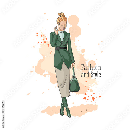 Urban style. Fashionable bow. Clothes for the office. Hand drawn sketch. Young stylish woman in a skirt and jacket with a shawl collar. A hand holding a leather bag. Vector illustration.