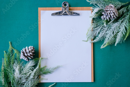 Blank paper with Christmas tree branches on green background.