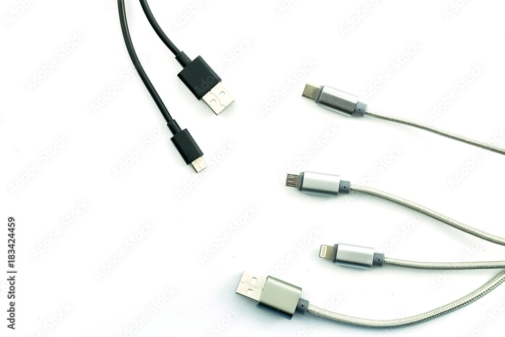 Connectors and sockets for PC and mobile devices.USB Micro cables isolated on white background Connectors and sockets for PC and mobile devices.USB Micro cables isolated on white background
