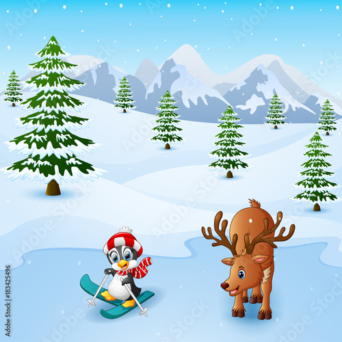 Cute penguin skiing with deer in the snowing hill