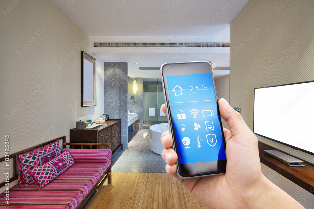 smart phone with smart home with modern bathroom smart phone with smart home with modern bathroom