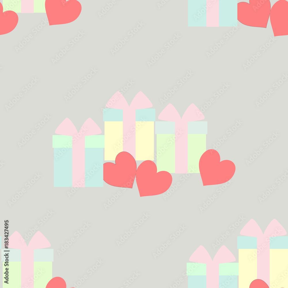 Cluster of lovely gift boxes and three little pink hearts seamless pattern vector on pastel color tone.