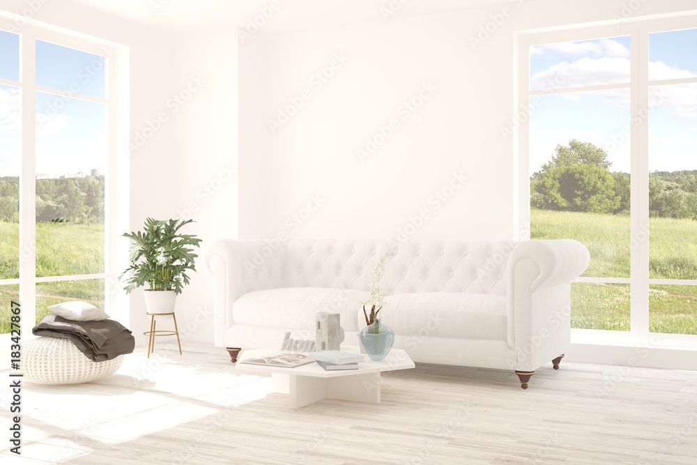 Fototapeta premium Idea of white room with sofa and summer landscape in window. Scandinavian interior design. 3D illustration