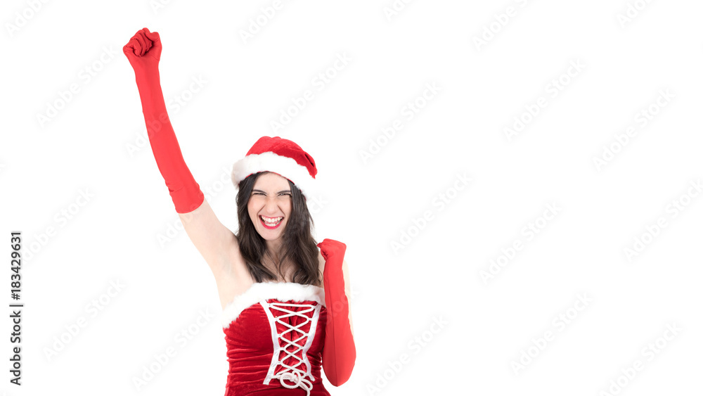 beautiful santa girl wearing santa claus clothes costume holding Christmas gift Box and christmas tree over white background , happy new year - Christmas concept beautiful santa girl wearing santa claus clothes costume holding Christmas gift Box and christmas tree over white background , happy new year - Christmas concept