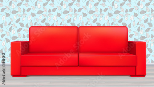 Red modern luxury sofa for living room, reception or lounge. Vector, 3D illustration in interior on wallpaper backdrop. Icon of single object, realistic design