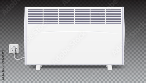 Domestic electric heater with plug and electric cord. Icon of home convector, 3D illustration. Electric panel of radiator appliance for space heating isolated on transparent background.